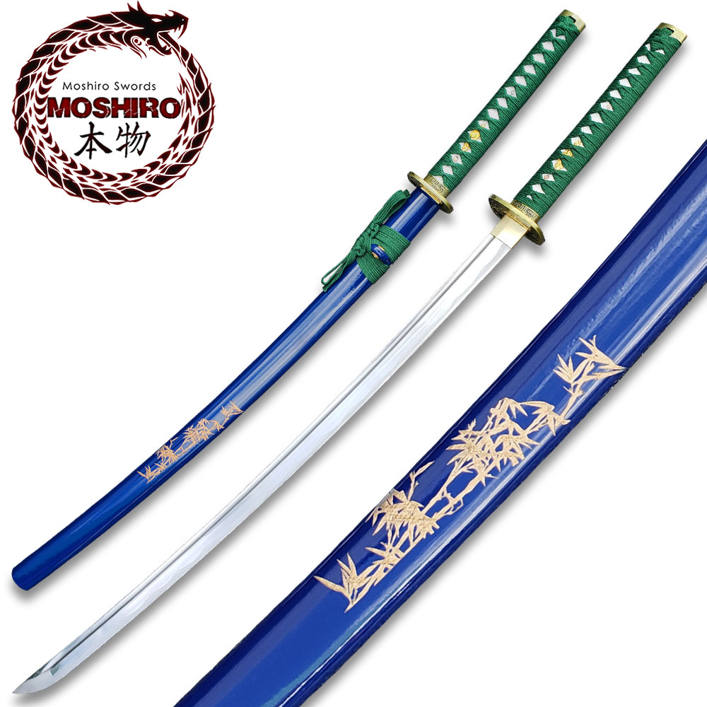 MOSHIRO 1045 Steel Handmade Katana With Bamboo Engraved on Blue Scabbard