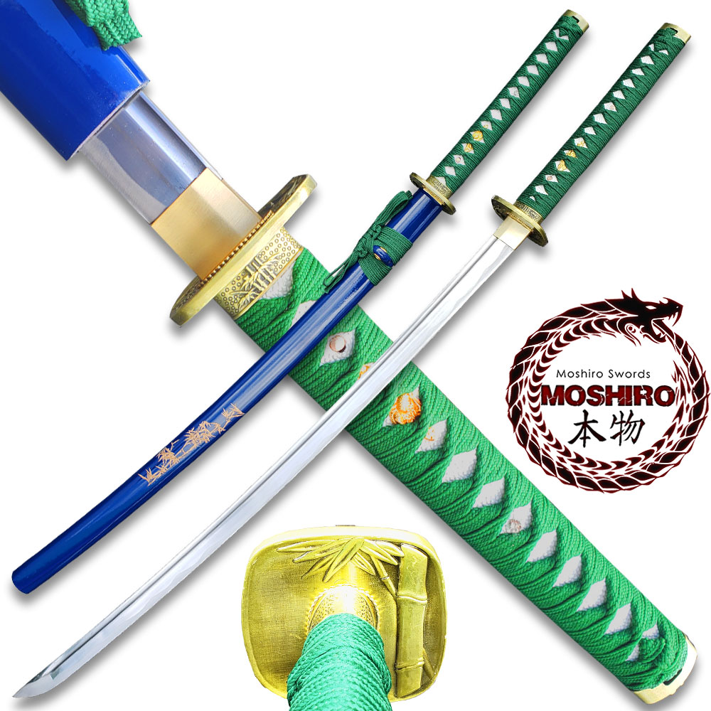 MOSHIRO 1045 Steel Handmade Katana With Bamboo Engraved on Blue Scabbard