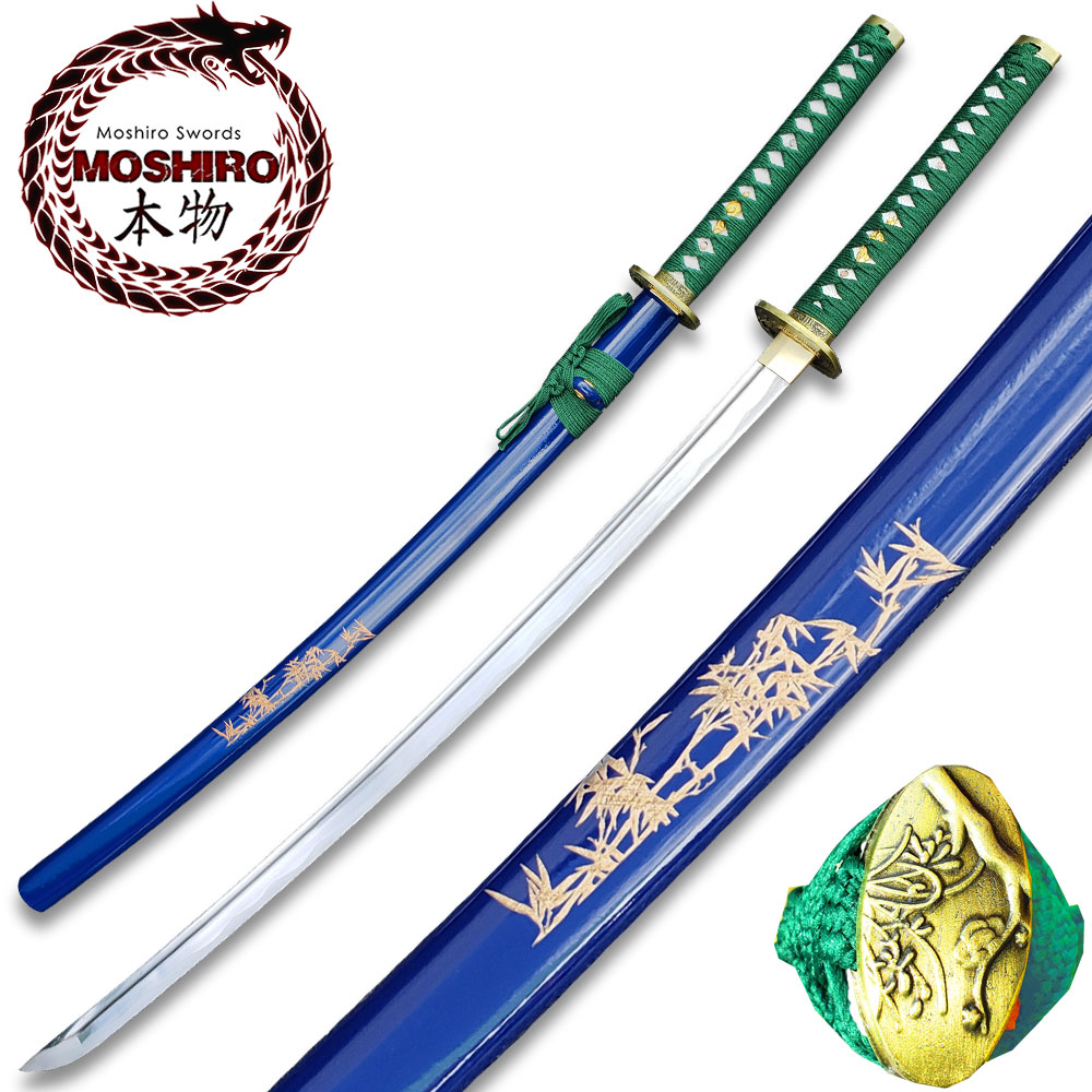 MOSHIRO 1045 Steel Handmade Katana With Bamboo Engraved on Blue Scabbard