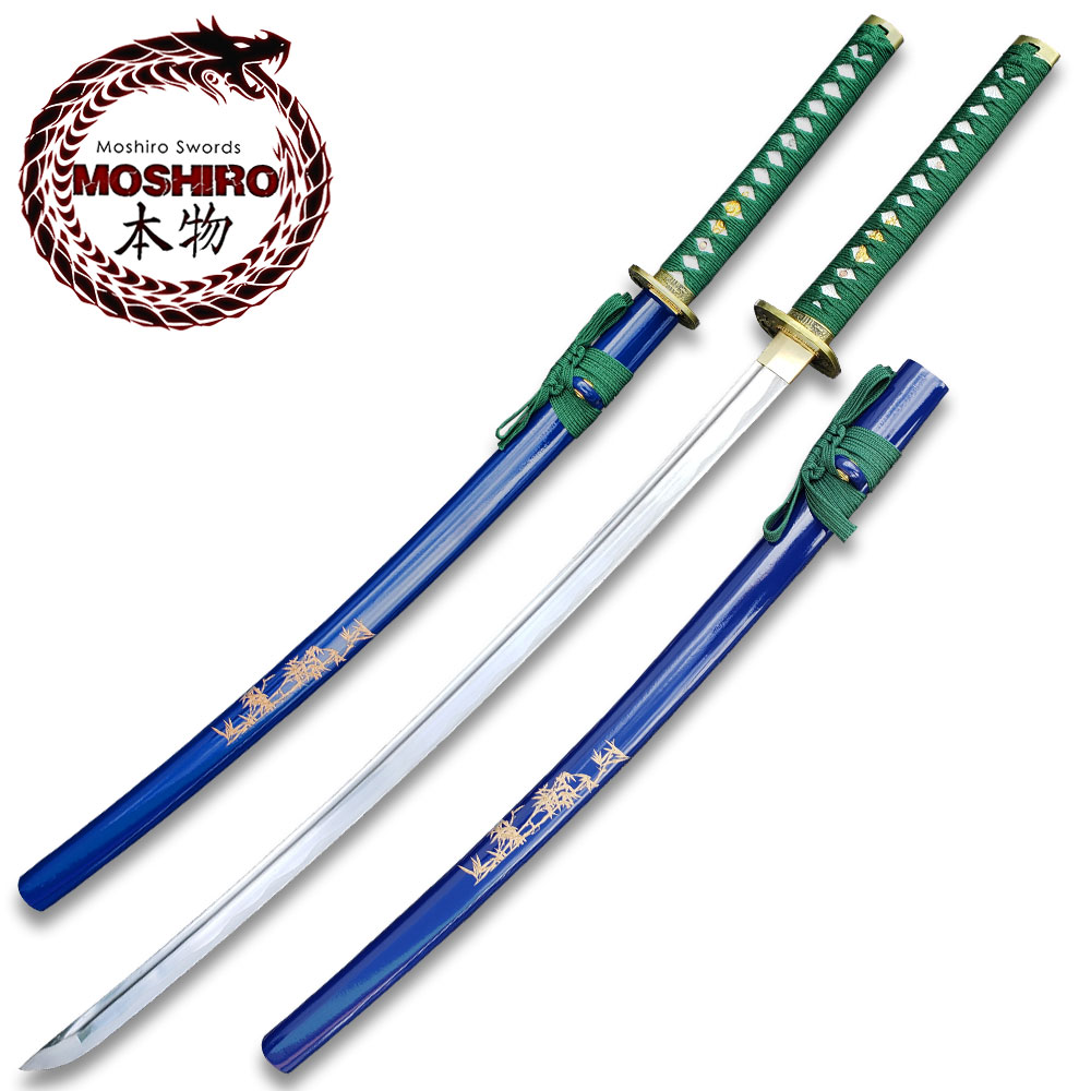 MOSHIRO 1045 Steel Handmade Katana With Bamboo Engraved on Blue Scabbard