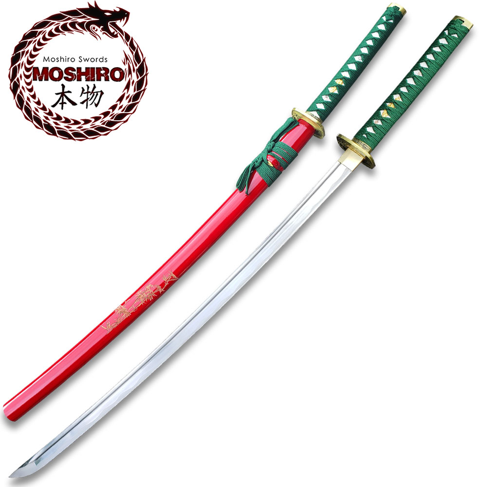 MOSHIRO 1045 Steel Handmade Katana With Bamboo Engraved on Red Scabbard