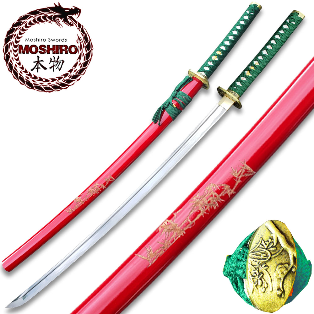 MOSHIRO 1045 Steel Handmade Katana With Bamboo Engraved on Red Scabbard