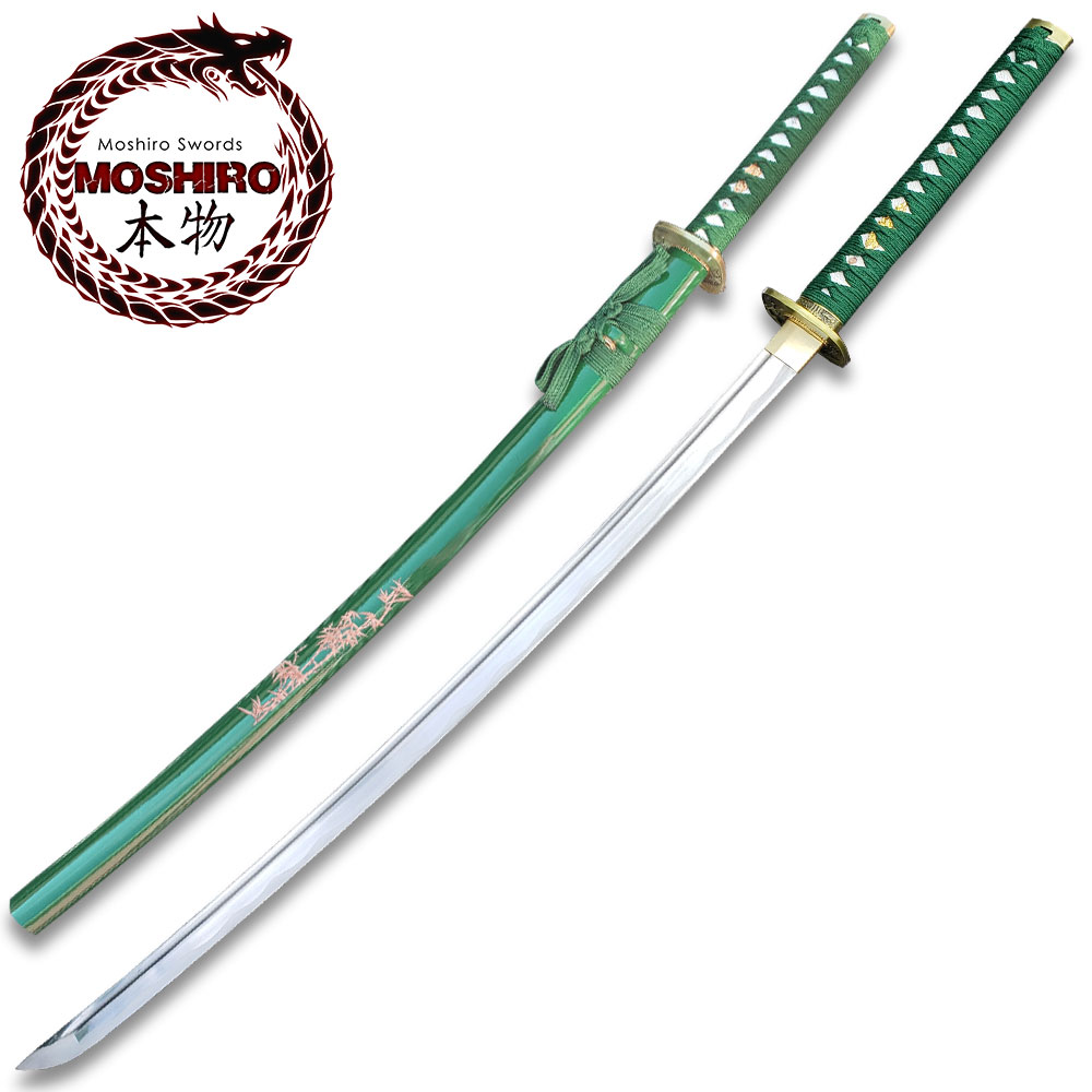 MOSHIRO 1045 Steel Handmade Katana With Bamboo Engraved on Green Scabbard