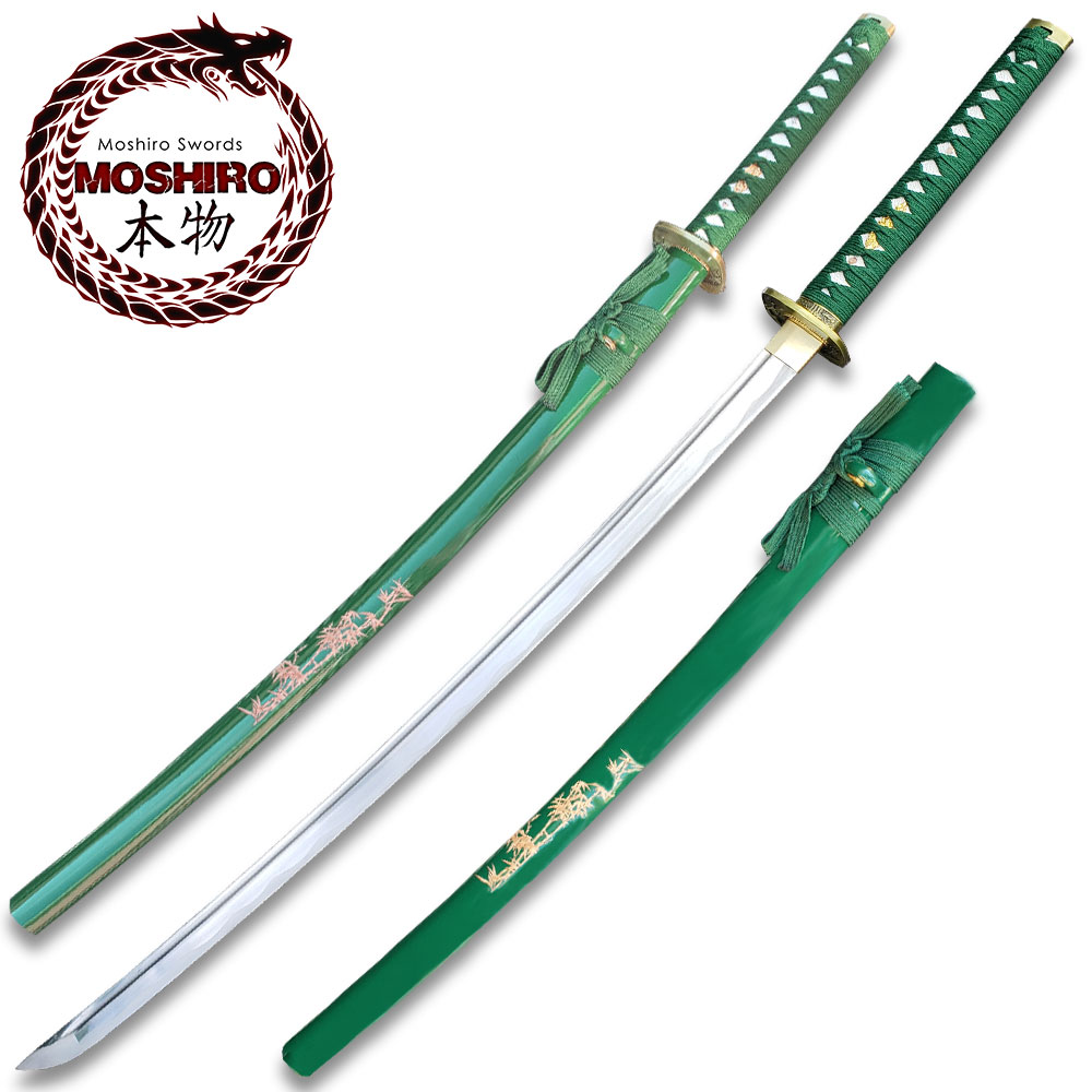 MOSHIRO 1045 Steel Handmade Katana With Bamboo Engraved on Green Scabbard