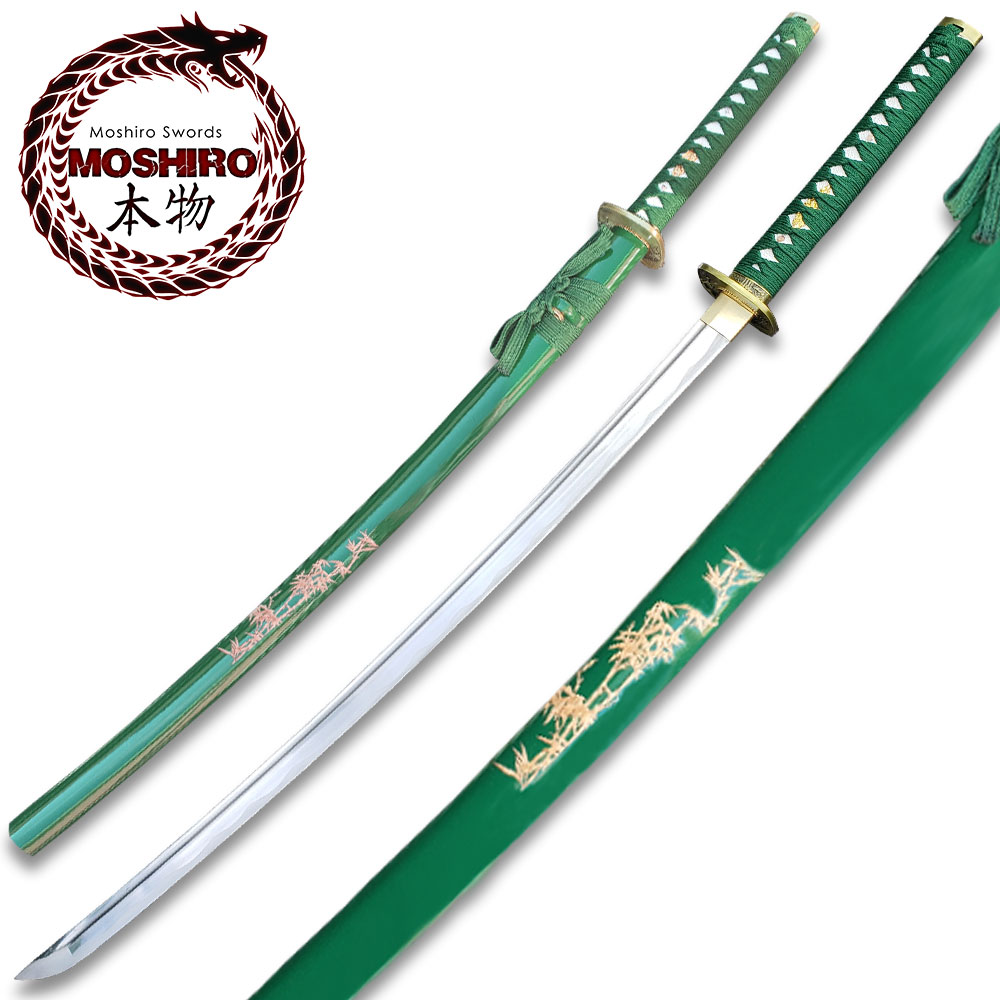 MOSHIRO 1045 Steel Handmade Katana With Bamboo Engraved on Green Scabbard