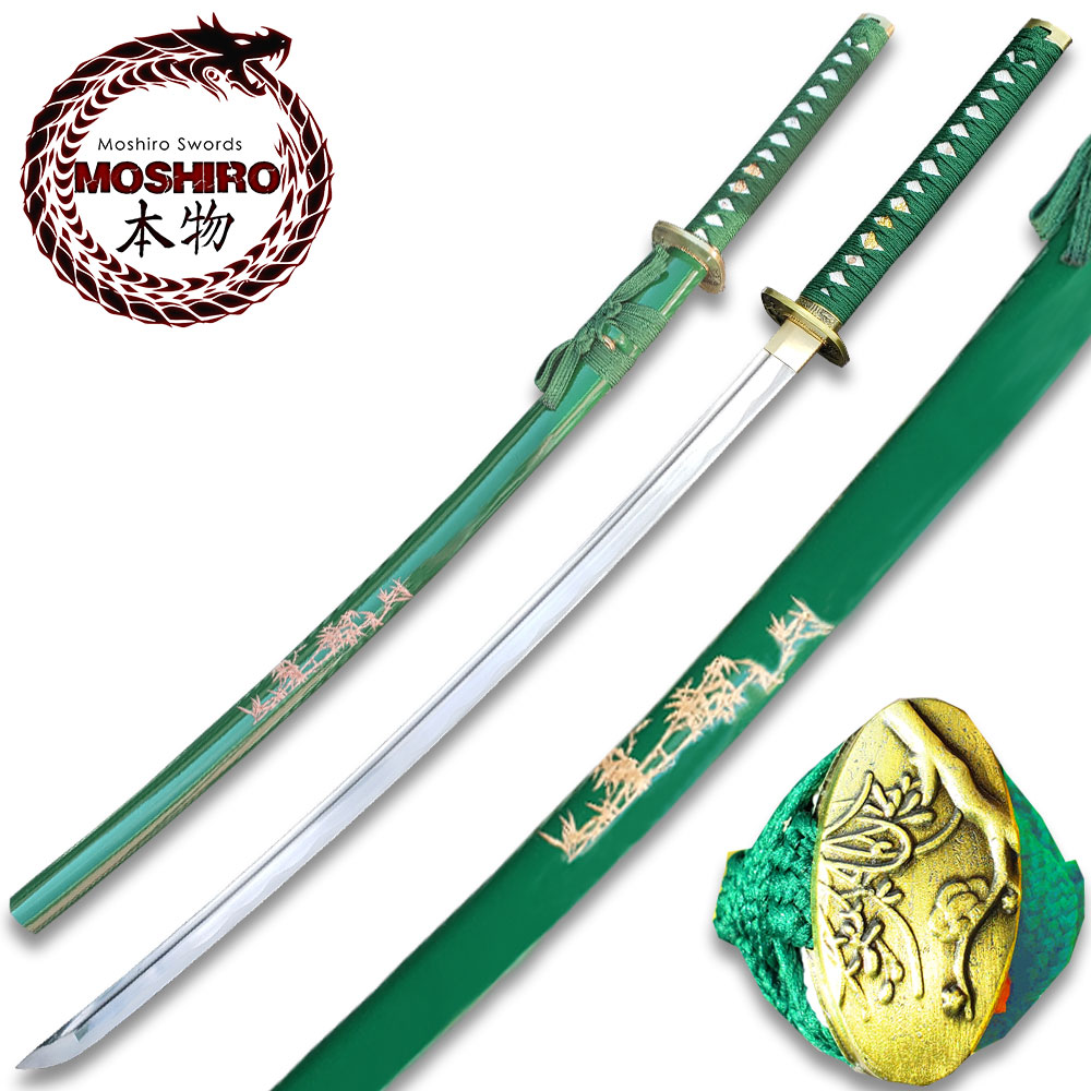 MOSHIRO 1045 Steel Handmade Katana With Bamboo Engraved on Green Scabbard