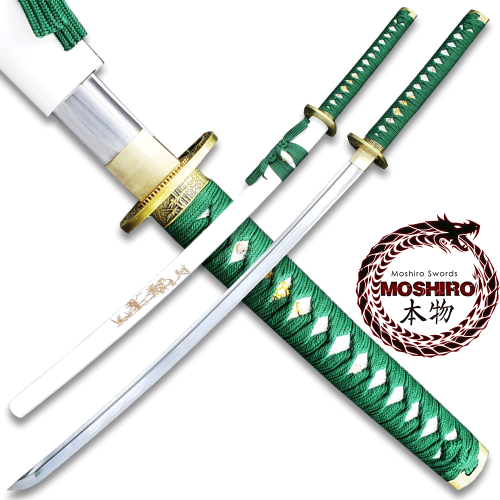 MOSHIRO 1045 Steel Handmade Katana With Bamboo Engraved on White Scabbard