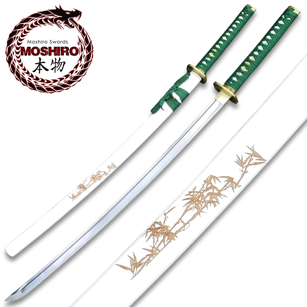 MOSHIRO 1045 Steel Handmade Katana With Bamboo Engraved on White Scabbard