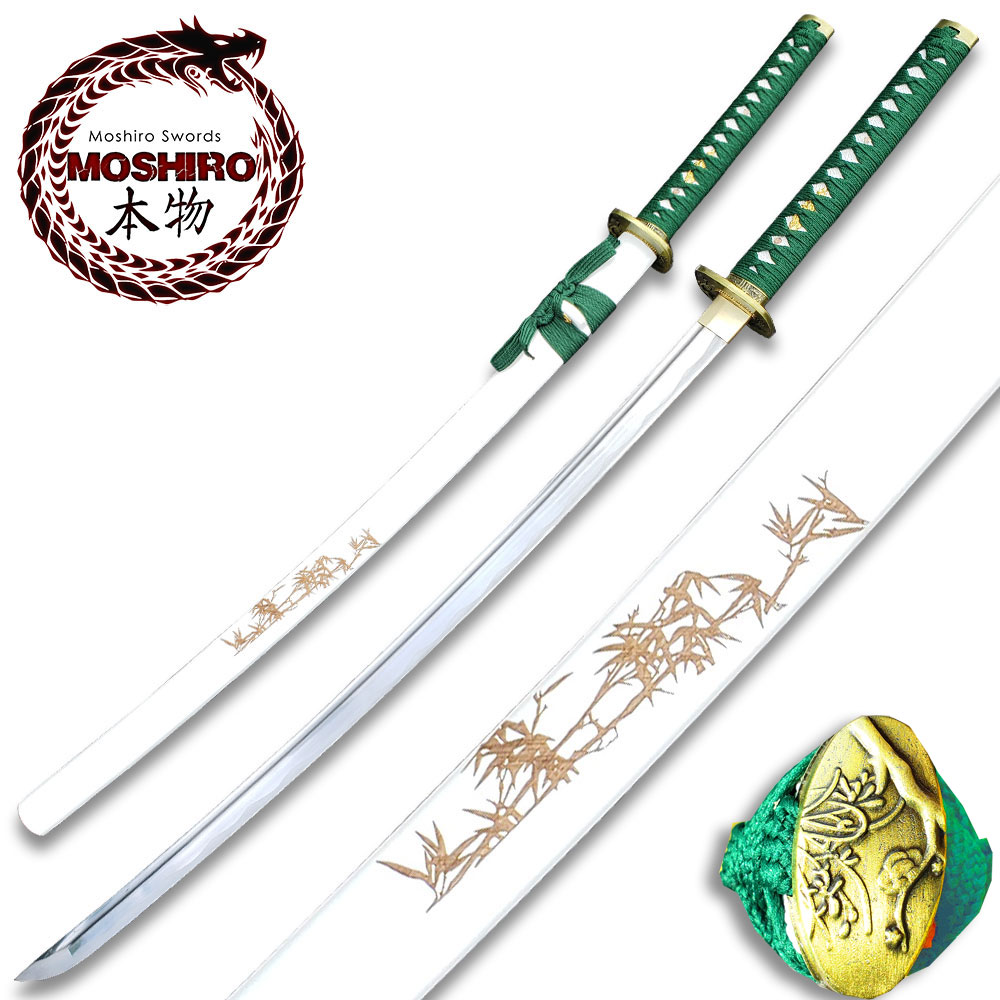 MOSHIRO 1045 Steel Handmade Katana With Bamboo Engraved on White Scabbard