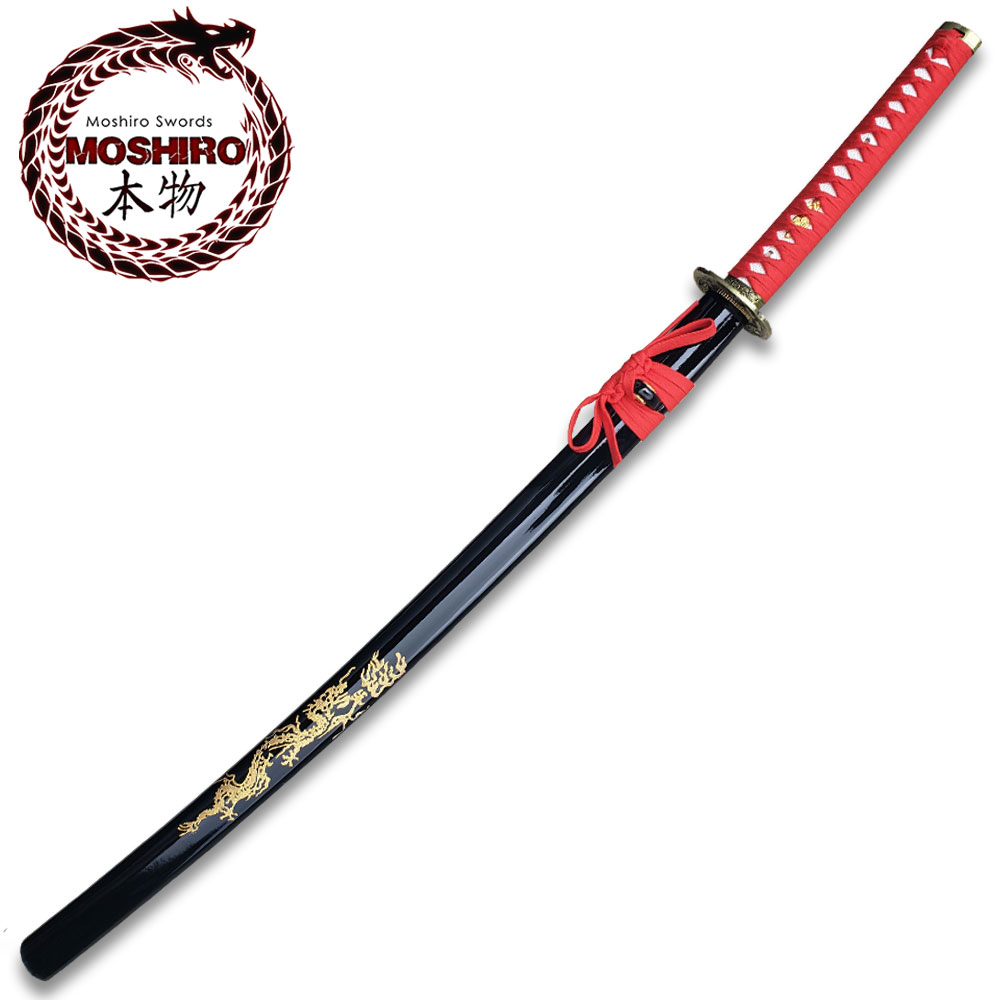 MOSHIRO 1045 Steel Handmade Katana With Dragon Engraved on Black Scabbard