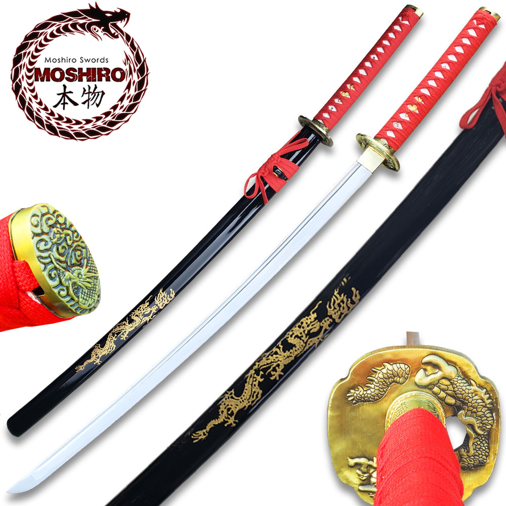 MOSHIRO 1045 Steel Handmade Katana With Dragon Engraved on Black Scabbard