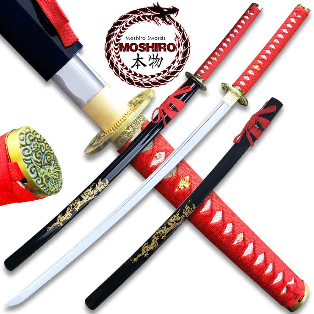 MOSHIRO 1045 Steel Handmade Katana With Dragon Engraved on Black Scabbard