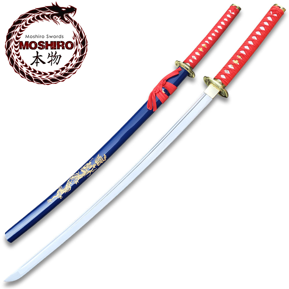 MOSHIRO 1045 Steel Handmade Katana With Dragon Engraved on Blue Scabbard