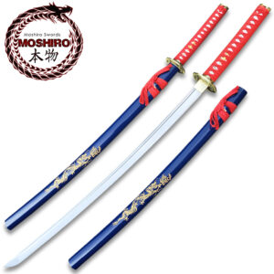 MOSHIRO 1045 Steel Handmade Katana With Dragon Engraved on Blue Scabbard