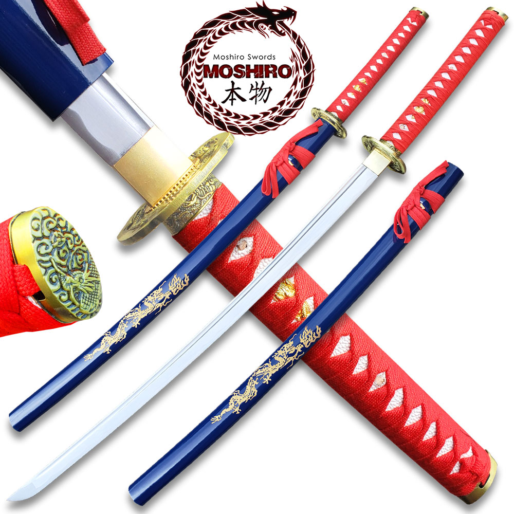 MOSHIRO 1045 Steel Handmade Katana With Dragon Engraved on Blue Scabbard