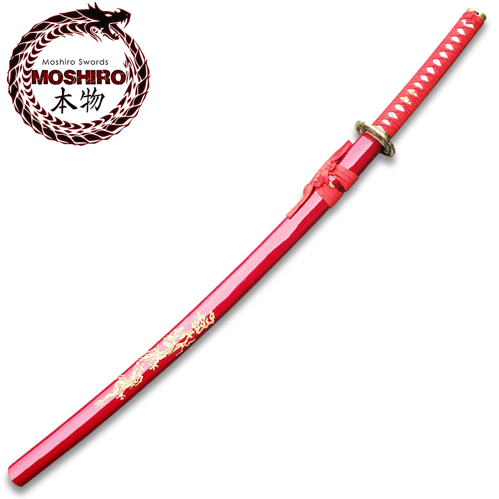 MOSHIRO 1045 Steel Handmade Katana With Dragon Engraved on Red Scabbard