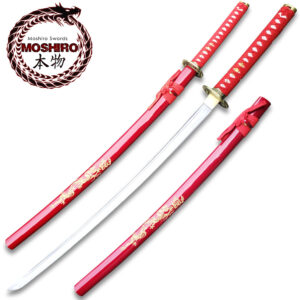 MOSHIRO 1045 Steel Handmade Katana With Dragon Engraved on Red Scabbard