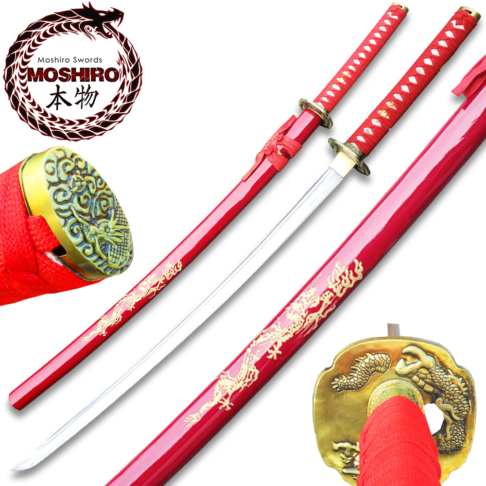 MOSHIRO 1045 Steel Handmade Katana With Dragon Engraved on Red Scabbard