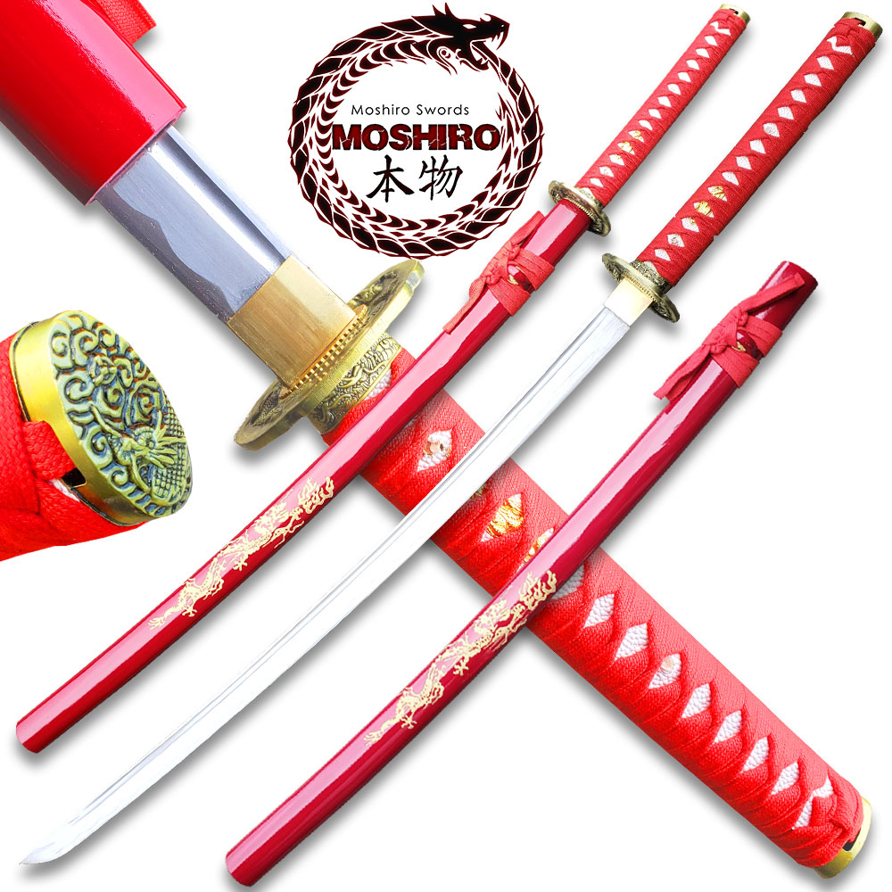 MOSHIRO 1045 Steel Handmade Katana With Dragon Engraved on Red Scabbard