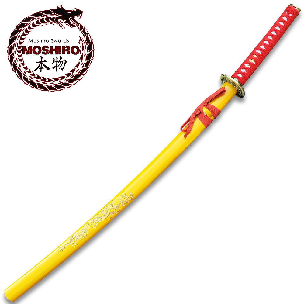 MOSHIRO 1045 Steel Handmade Katana With Dragon Engraved on Yellow Scabbard