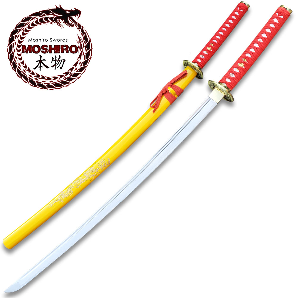 MOSHIRO 1045 Steel Handmade Katana With Dragon Engraved on Yellow Scabbard