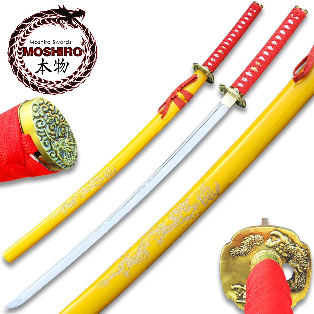 MOSHIRO 1045 Steel Handmade Katana With Dragon Engraved on Yellow Scabbard