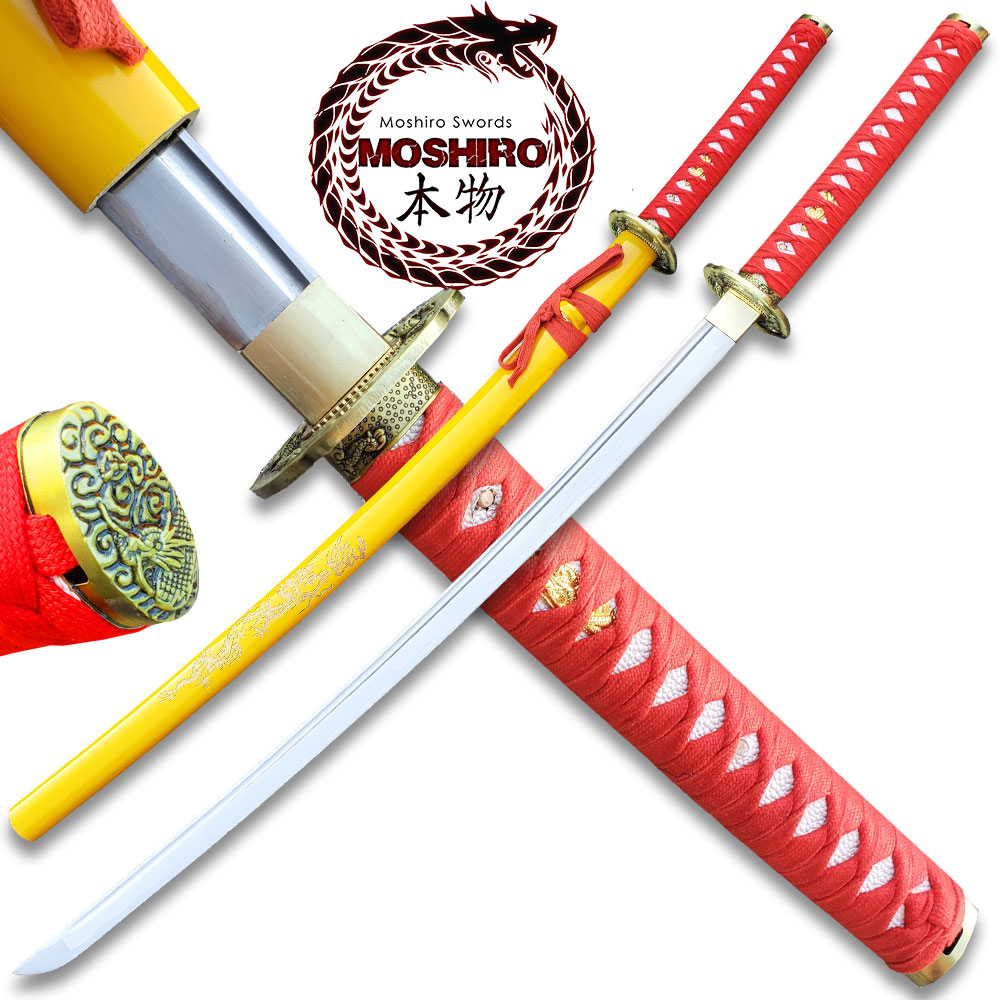 MOSHIRO 1045 Steel Handmade Katana With Dragon Engraved on Yellow Scabbard