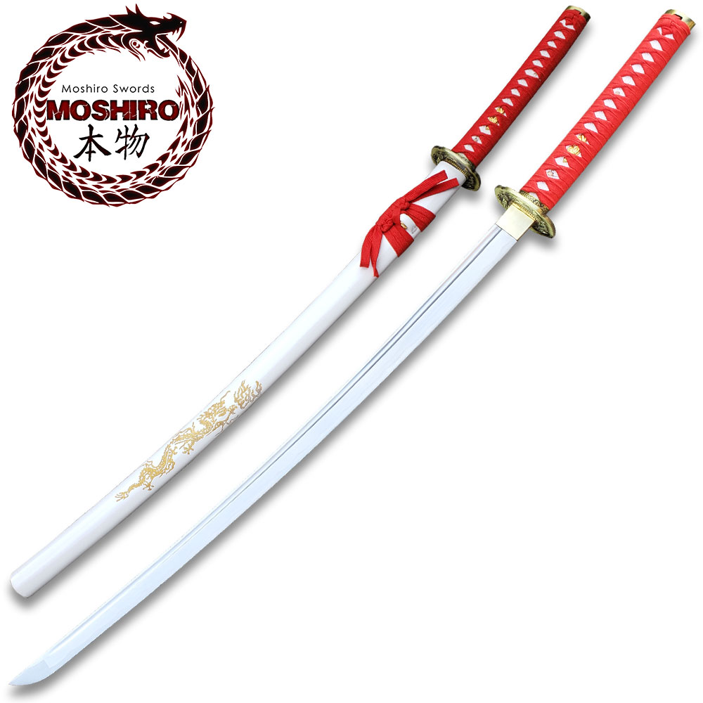 MOSHIRO 1045 Steel Handmade Katana With Dragon Engraved on White Scabbard