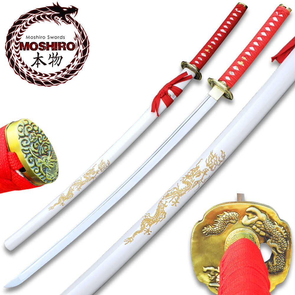 MOSHIRO 1045 Steel Handmade Katana With Dragon Engraved on White Scabbard