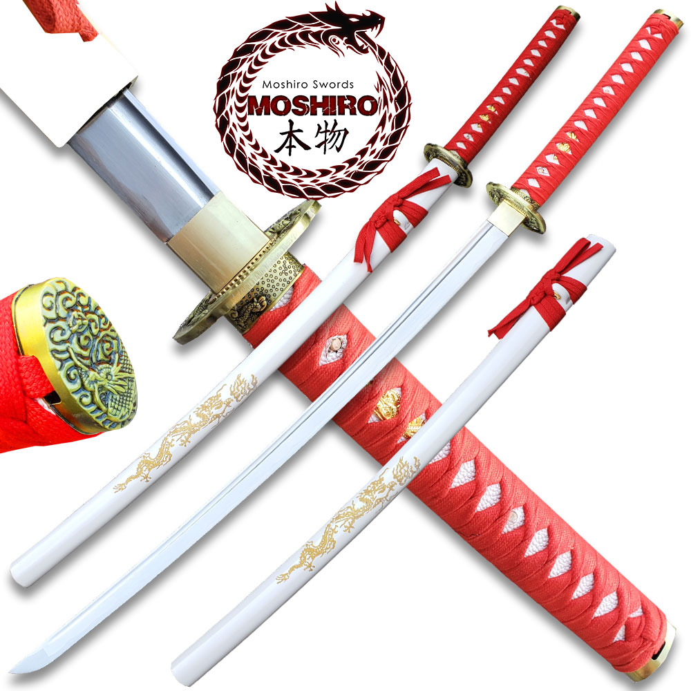 MOSHIRO 1045 Steel Handmade Katana With Dragon Engraved on White Scabbard