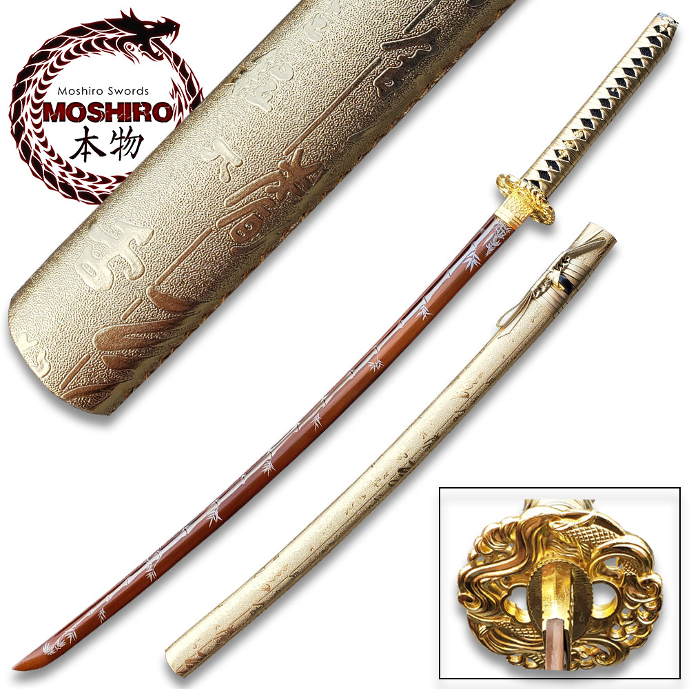 MOSHIRO Gold Edition 65Mn Spring Steel Hand Forge Katana Sword  Gold Scabbard
