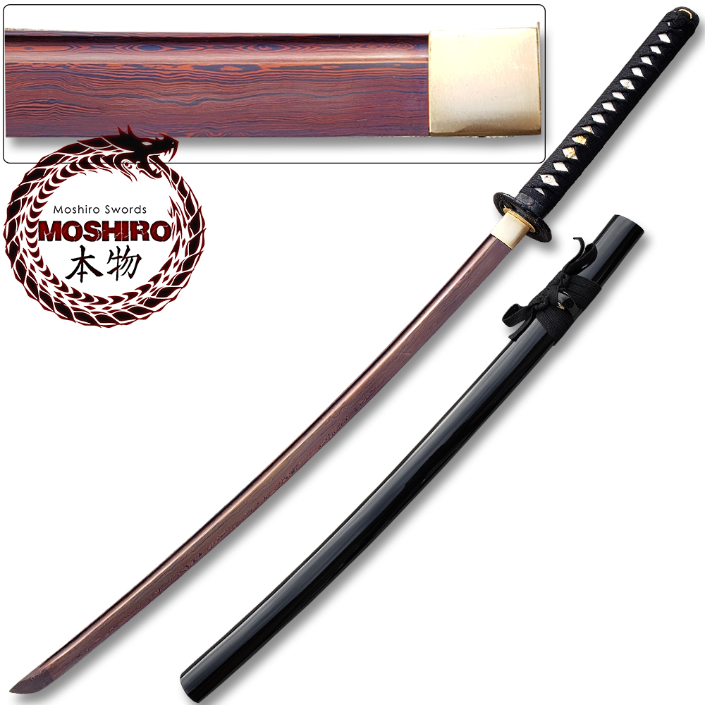 MOSHIRO Red Damascus Katana Red Oxidized 1060 High Carbon Steel Sword