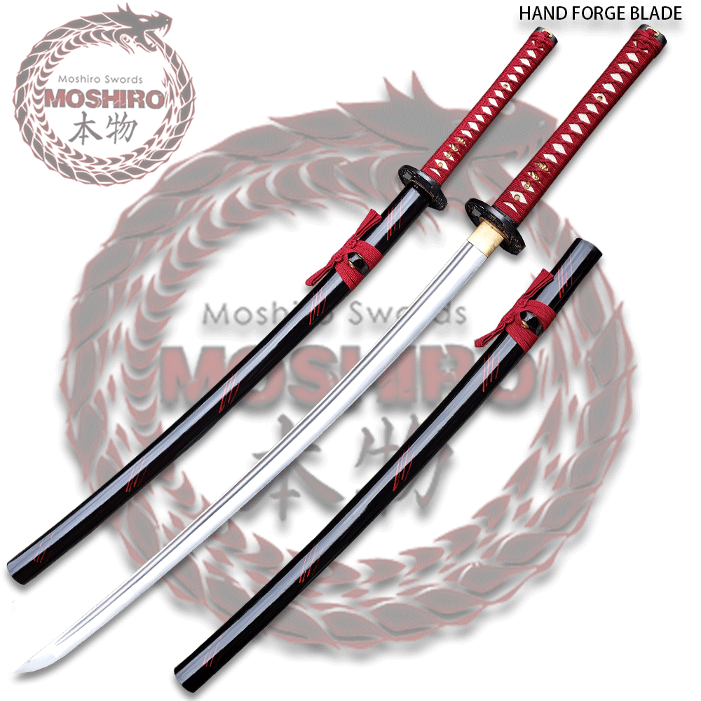 MOSHIRO 1065 High Carbon Steel Blade Katana Sword Full Tang  Burgundy cord Wrapped