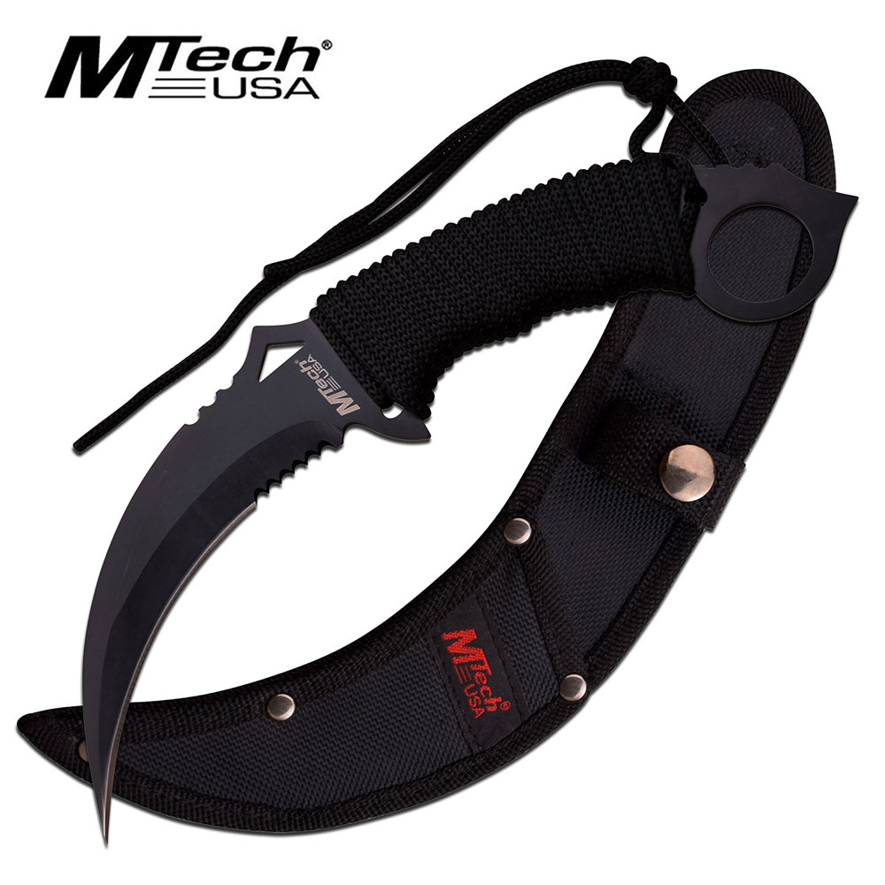MTech FIXED-BLADE TACTICAL KNIFE | Black Blade Paracord Serrated Combat Karambit