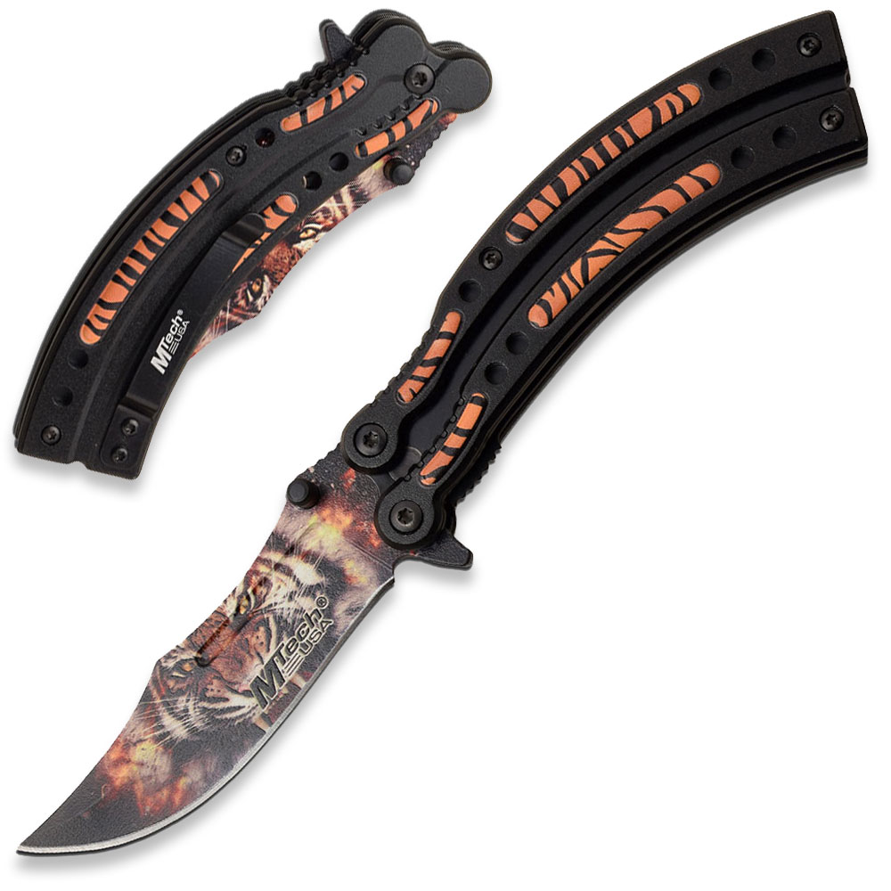 MTECH USA SPRING ASSISTED KNIFE TIGER PRINT ON THE BLADE