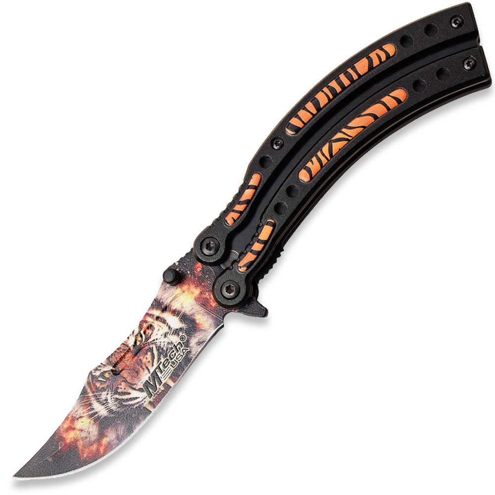 MTECH USA SPRING ASSISTED KNIFE TIGER PRINT ON THE BLADE