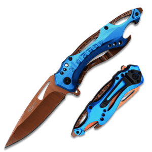 MTECH USA SPRING ASSISTED KNIFE BLUE HANDLE AND ORANGE BLADE