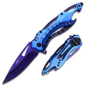 MTECH USA SPRING ASSISTED KNIFE BLUE HANDLE AND PURPLE BLADE
