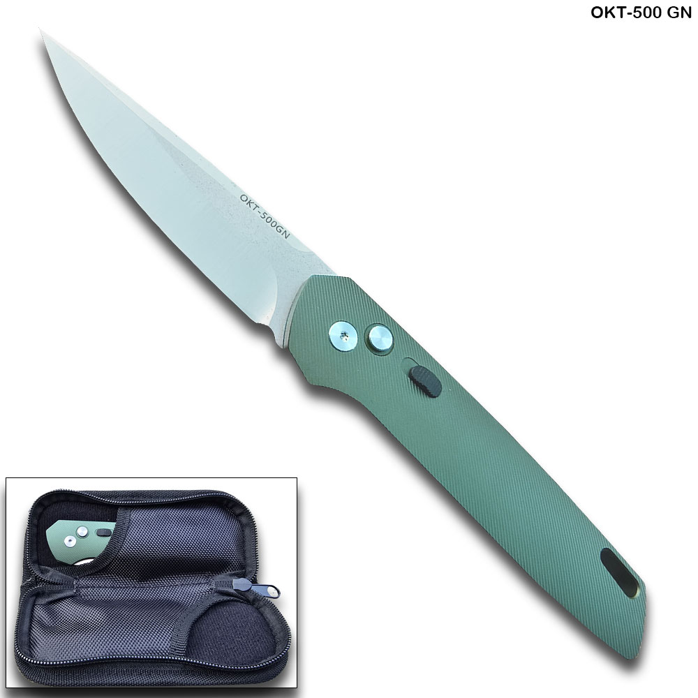 Tactical D-2 Steel CNC Green Alum Handle Auto Knife with Safety Lock