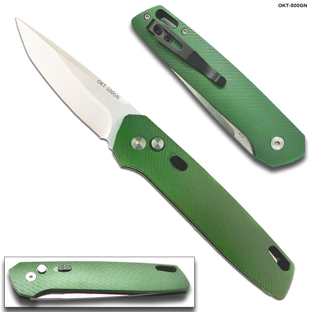 Tactical D-2 Steel CNC Green Alum Handle Auto Knife with Safety Lock