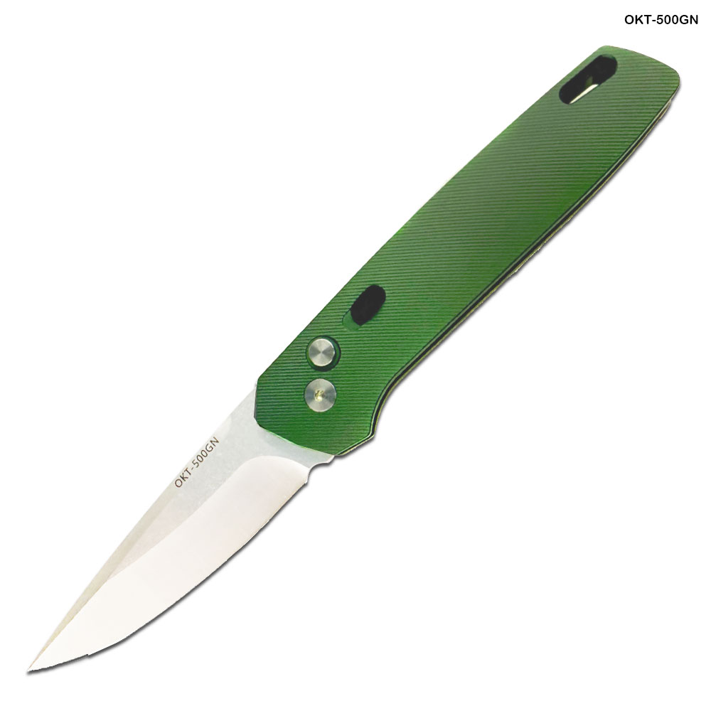 Tactical D-2 Steel CNC Green Alum Handle Auto Knife with Safety Lock