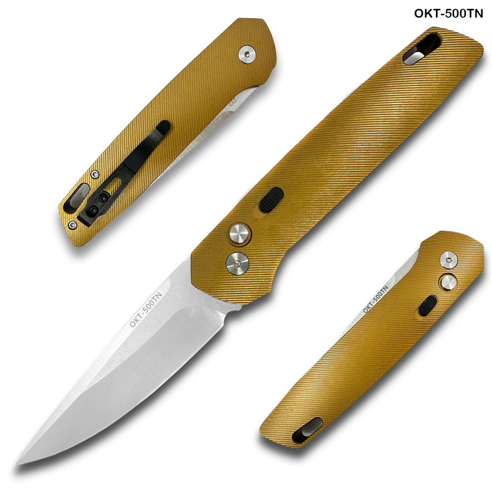 Tactical D-2 Steel CNC Tan Alum Handle Auto Knife with Safety Lock