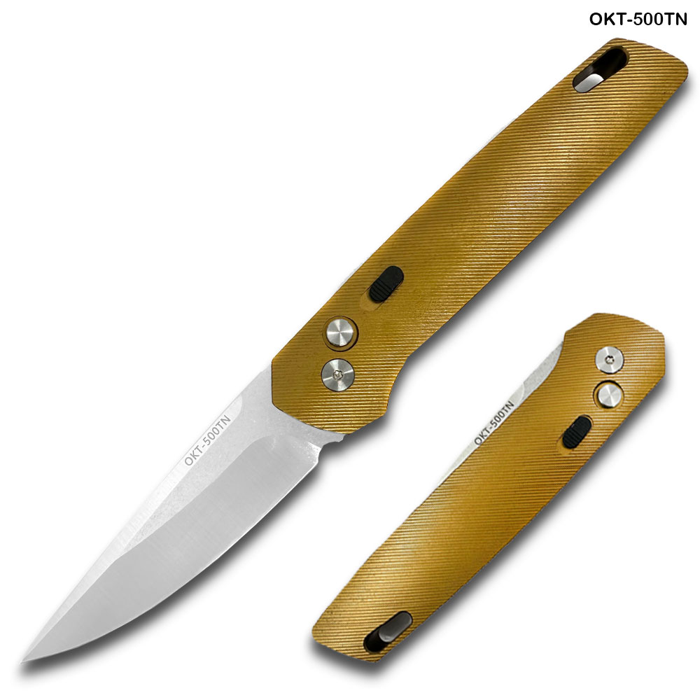 Tactical D-2 Steel CNC Tan Alum Handle Auto Knife with Safety Lock