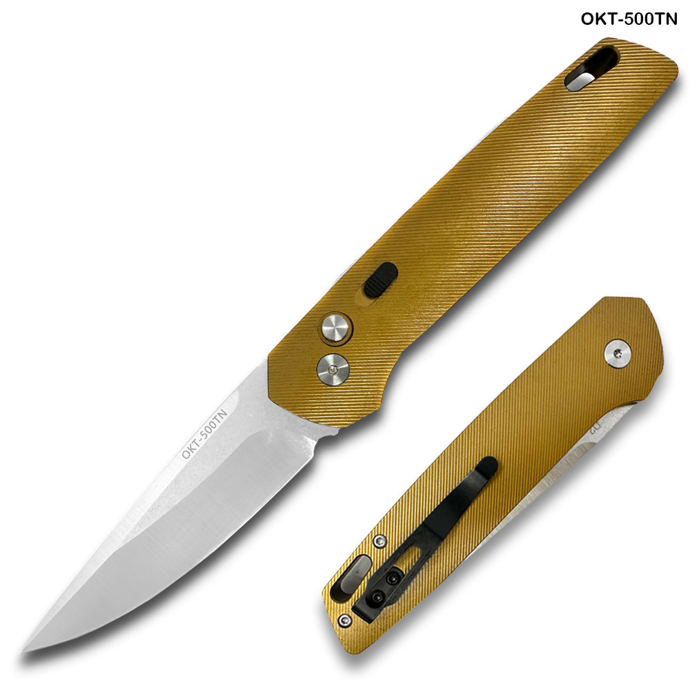 Tactical D-2 Steel CNC Tan Alum Handle Auto Knife with Safety Lock