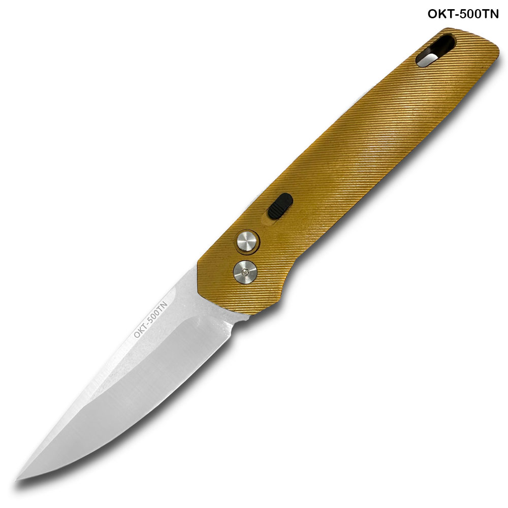 Tactical D-2 Steel CNC Tan Alum Handle Auto Knife with Safety Lock
