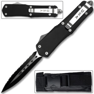 Spear Point OTF Knife Out The Front Assisted Open Tactical Glass Breaker Serrated Edge Black Handle