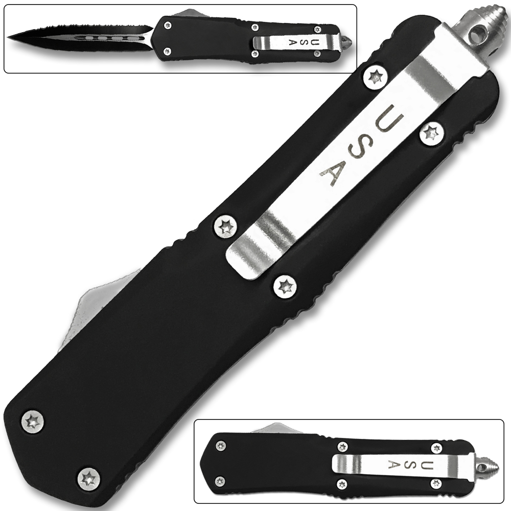 Spear Point OTF Knife Out The Front Assisted Open Tactical Glass Breaker Serrated Edge Black Handle
