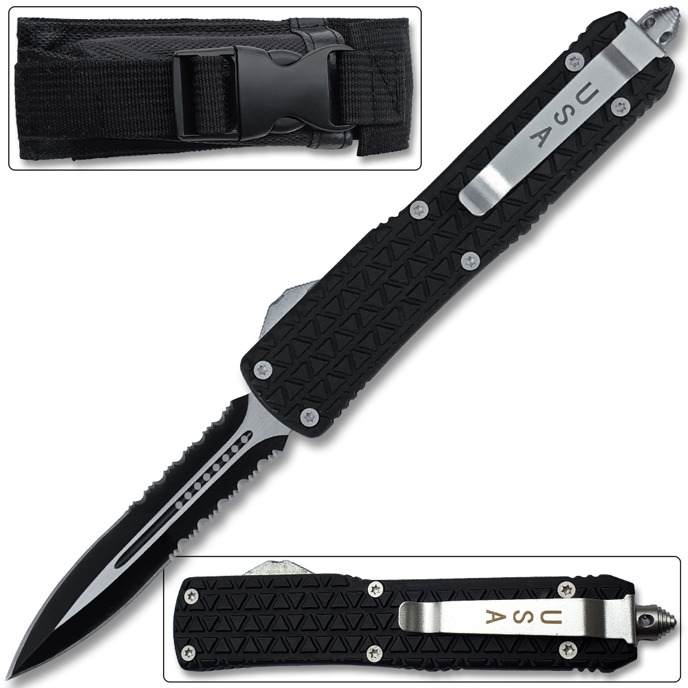 XL  Spear Point OTF Knife Out The Front Assisted Open Tactical Glass Breaker