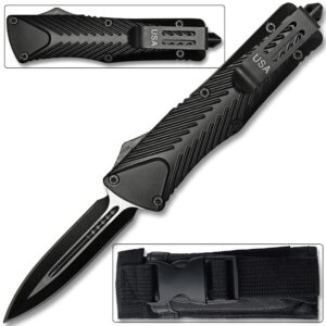 Spear Point OTF Knife Out The Front Assisted Open Tactical Glass Breaker Straight Edge Black Grip Handle