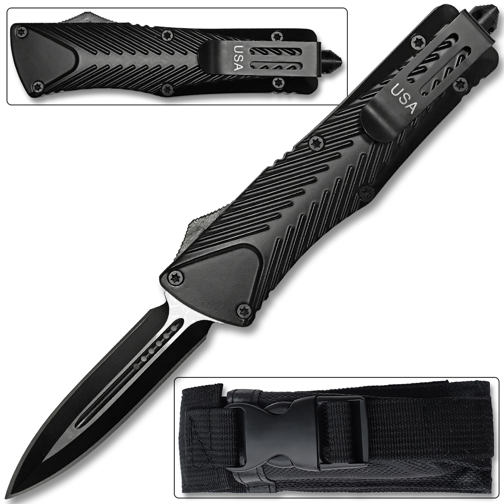 Spear Point OTF Knife Out The Front Assisted Open Tactical Glass Breaker Straight Edge Black Grip Handle